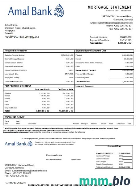 Somalia Amal Bank wyciąg z kredytu hipotecznego w formatach Word i PDF